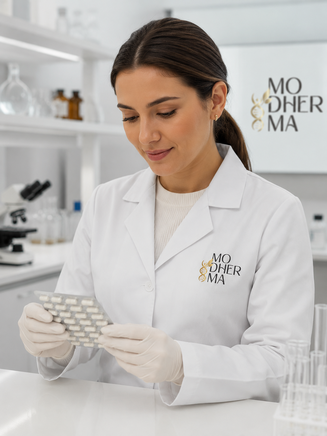 Farmacêutica da Modherma manipulando fórmula no laboratório
